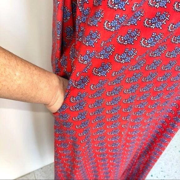 Ramona Rull Maxi Dress Vintage Red Blue Pattern Cotton Pockets Belt Puff Sleeves - Picture 10 of 12